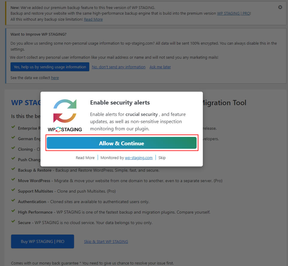 有効化が終わると英語で「Enable security alerts」と表示されますので「Allow & Continue」をクリックします。