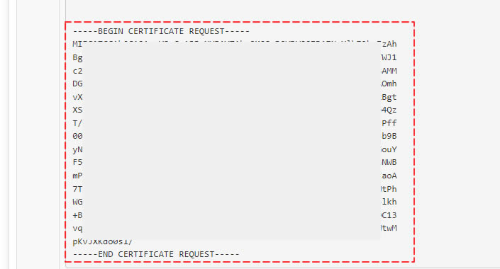 下記赤点線で囲ったような「-----BEGIN CERTIFICATE REQUEST-----」から「-----END CERTIFICATE REQUEST-----」までのコードをコピーします。