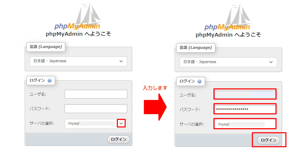 「phpMyAdmin へようこそ」の画面が表示されます。情報を入力し「ログイン」をクリックします。