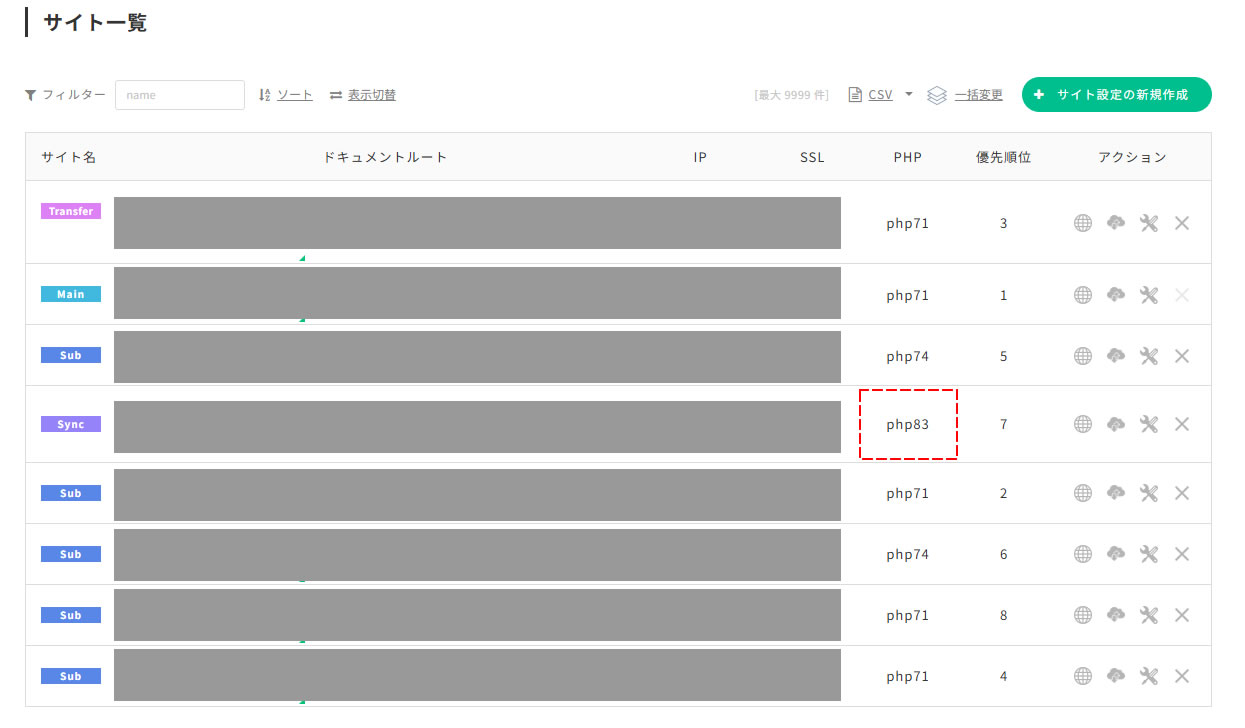 サイト一覧で対象のドメインのPHPバージョンは変更されていました。