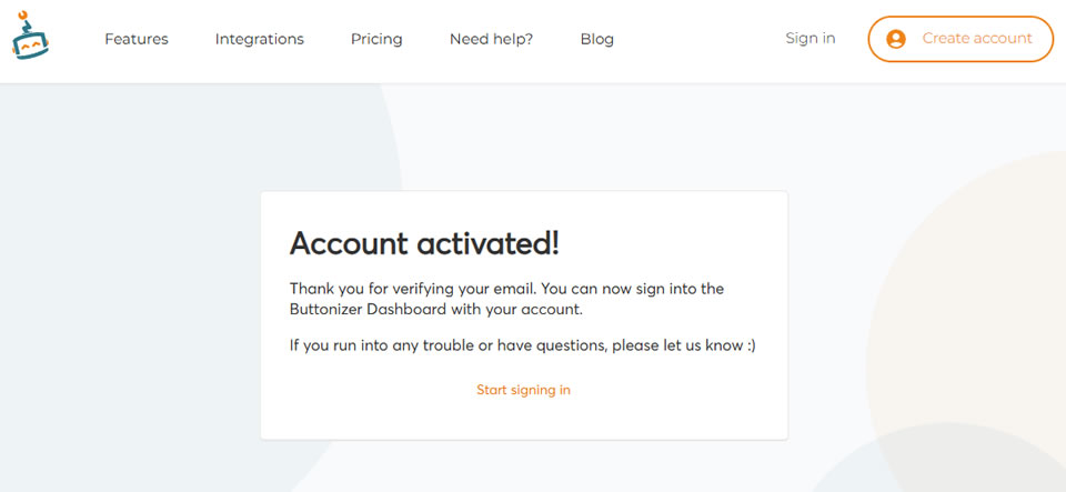 パスワードを設定し画面に「Account activated!」と表示され「Buttonizer」アカウントの作成完了です。